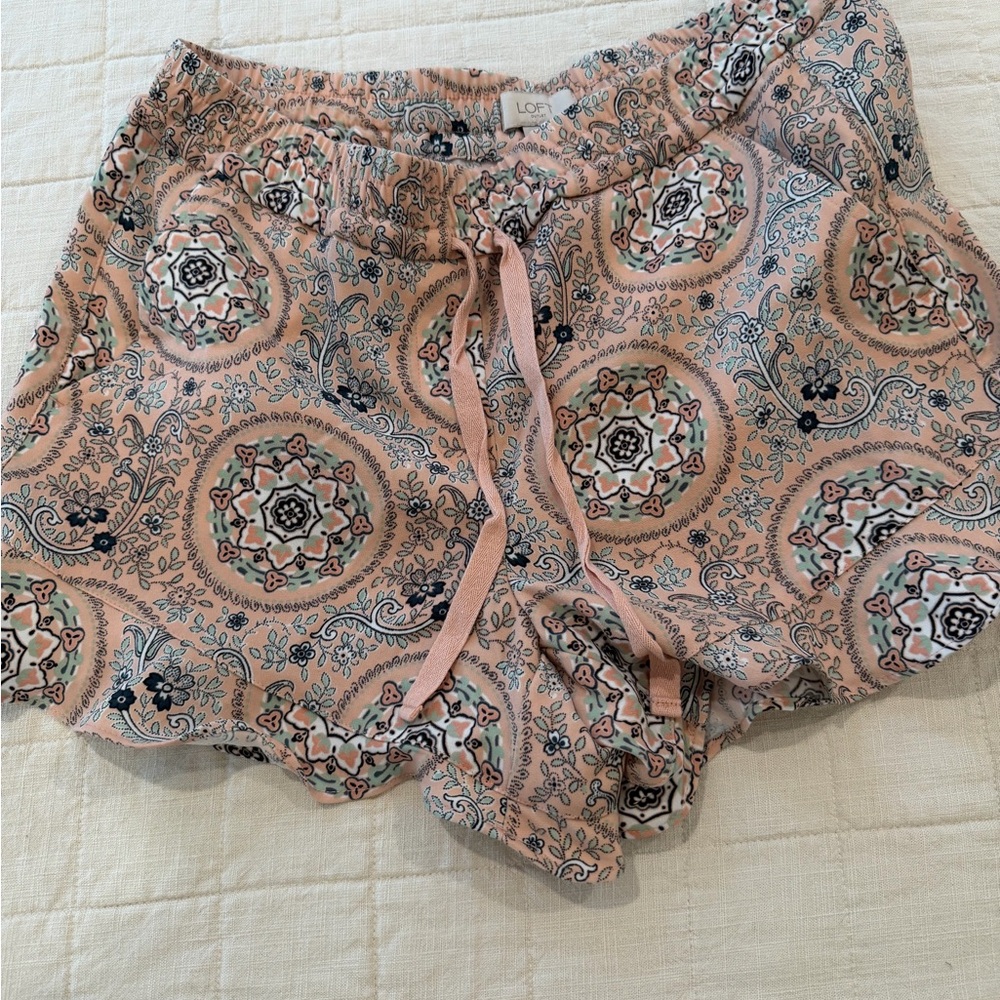 LOFT Pink Paisley Medallion Drawstring High-Waist Shorts